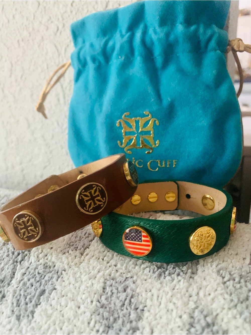 Rustic Cuff Set Green Cowhide American Flag Classic Leather Snap Cuff Bracelet